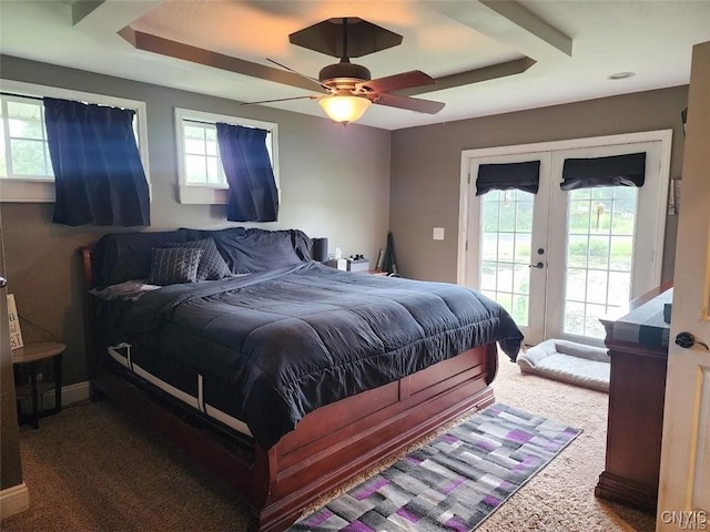 bedroom featuring ceiling fan, carpet floors, french doors, and access to outside