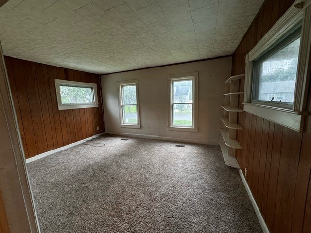 carpeted spare room with wood walls