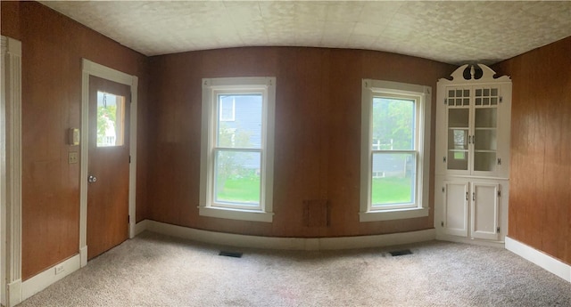 foyer entrance featuring a wealth of natural light, light colored carpet, and wooden walls