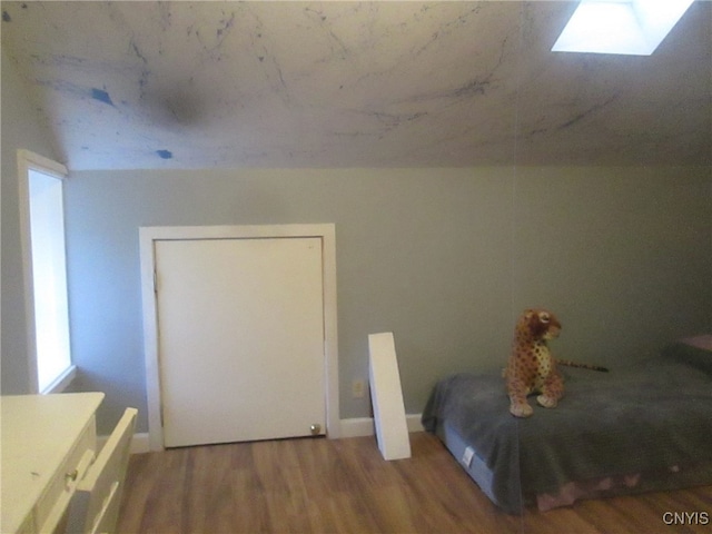 unfurnished bedroom featuring a skylight and hardwood / wood-style floors