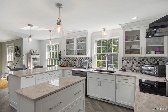 kitchen featuring hanging light fixtures, sink, decorative backsplash, dark hardwood / wood-style floors, and white cabinets