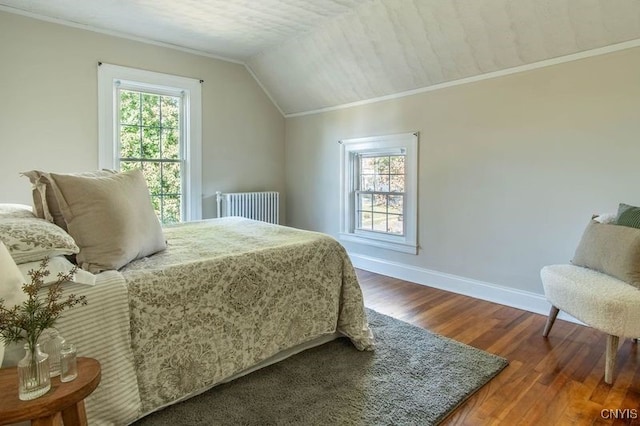 bedroom with multiple windows, dark wood-type flooring, radiator, and lofted ceiling