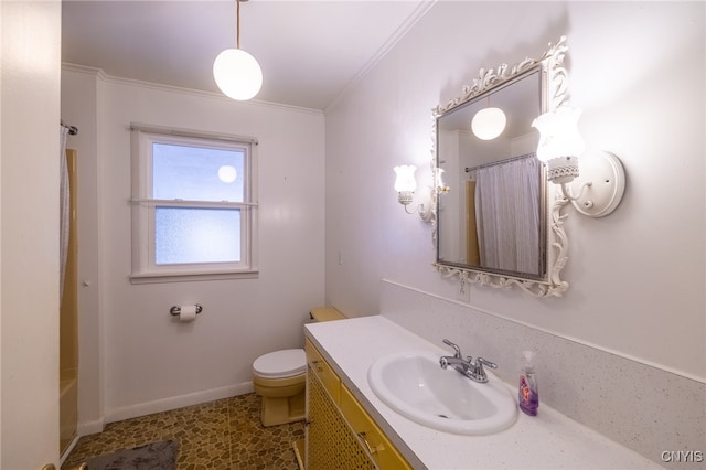 full bathroom with plus walk in shower, crown molding, vanity, and toilet