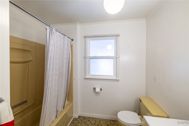 bathroom featuring ornamental molding, tile patterned flooring, toilet, and shower / bath combo