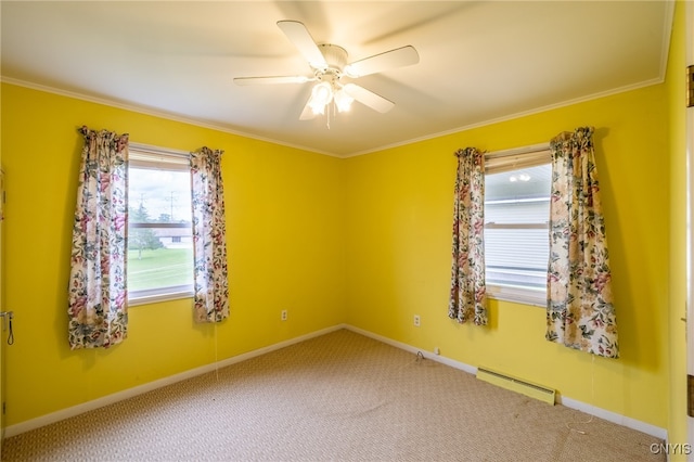 carpeted empty room featuring a baseboard radiator, ceiling fan, and crown molding