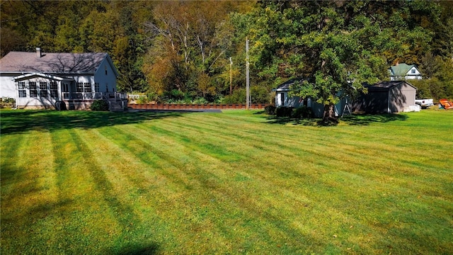 view of yard featuring a storage unit