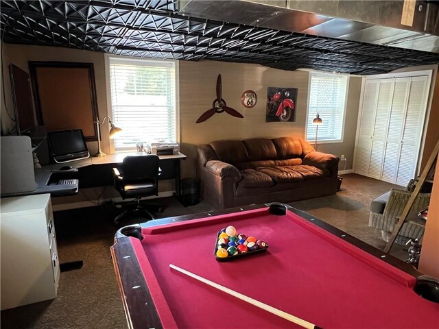 game room featuring dark carpet and billiards