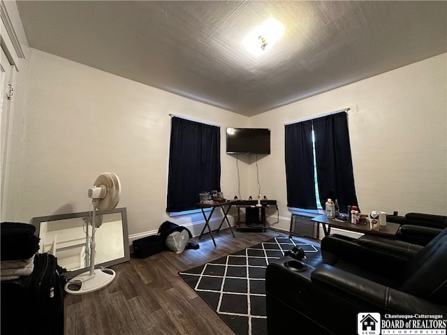 living room featuring dark wood-type flooring