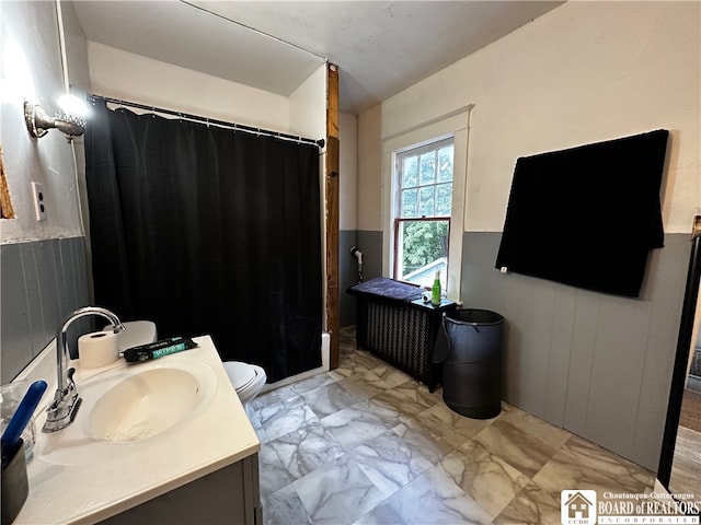 bathroom featuring walk in shower, vanity, and toilet