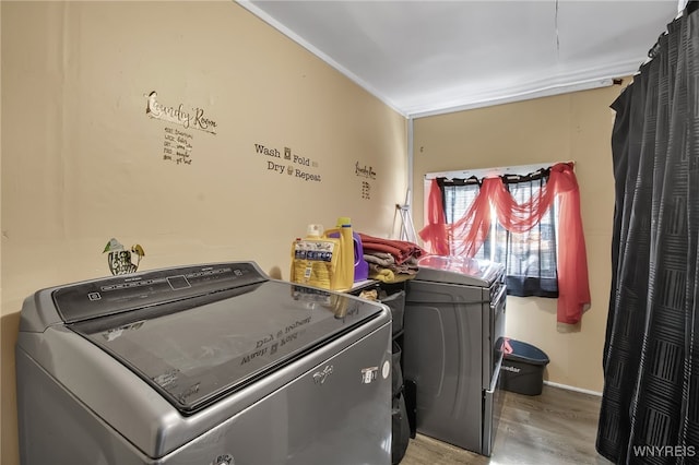 laundry area with washing machine and clothes dryer and light hardwood / wood-style flooring