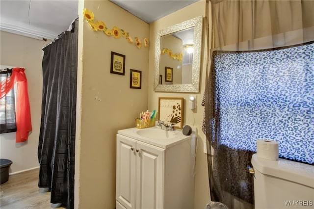 bathroom featuring wood-type flooring, vanity, and toilet