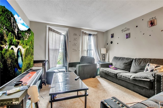 living room featuring light carpet and a textured ceiling