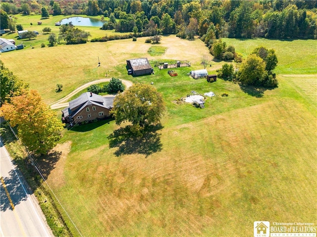 bird's eye view featuring a water view and a rural view