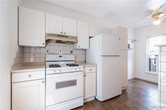 kitchen with tasteful backsplash, white appliances, ceiling fan, and white cabinets