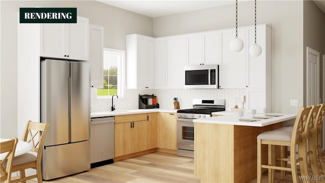 kitchen with appliances with stainless steel finishes, sink, backsplash, light hardwood / wood-style floors, and kitchen peninsula