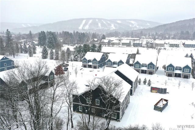 snowy aerial view with a mountain view