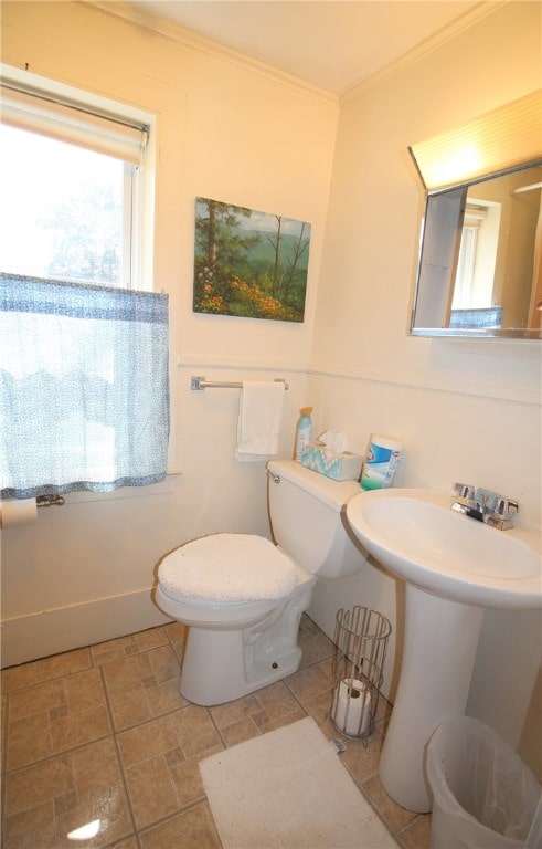 bathroom with crown molding, toilet, and sink