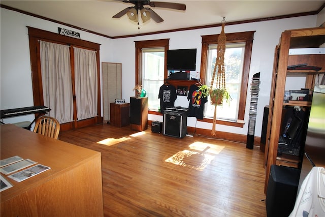 home office featuring ceiling fan, hardwood / wood-style flooring, and crown molding