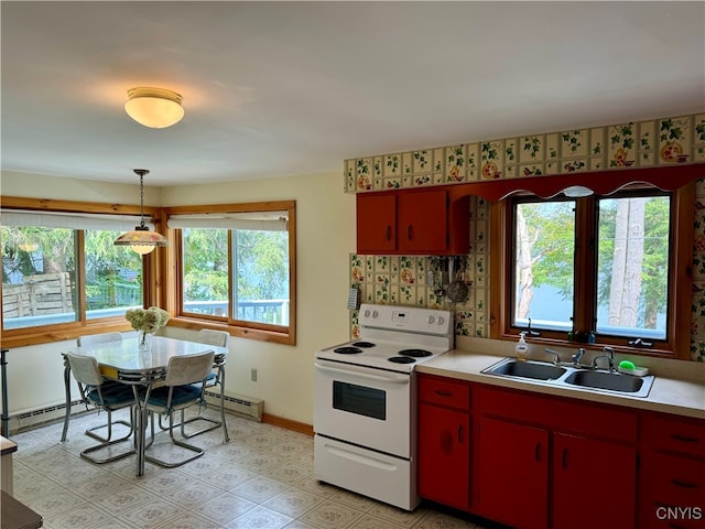 kitchen with sink, decorative light fixtures, a baseboard radiator, and white electric stove