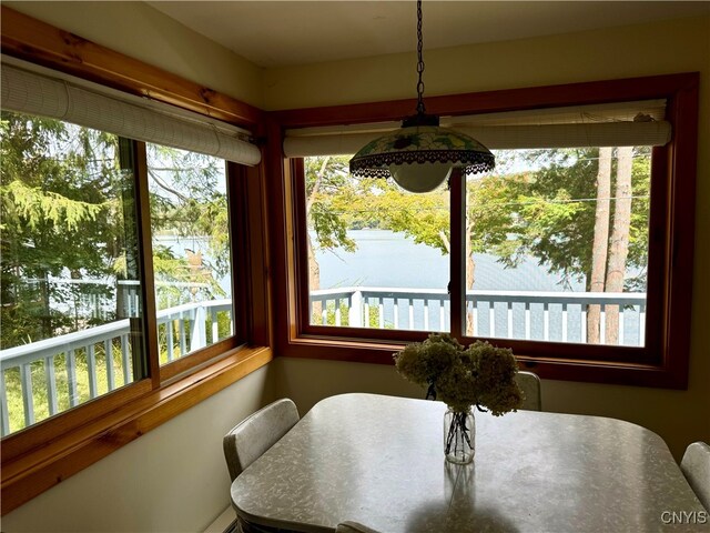 dining room with a water view