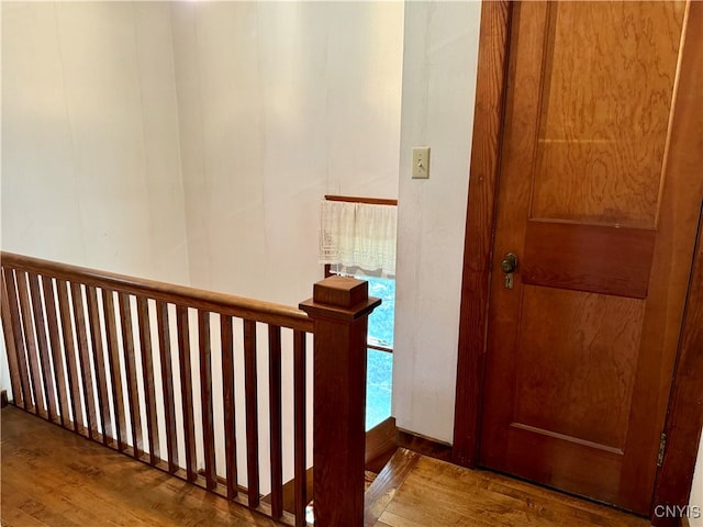 staircase with hardwood / wood-style flooring