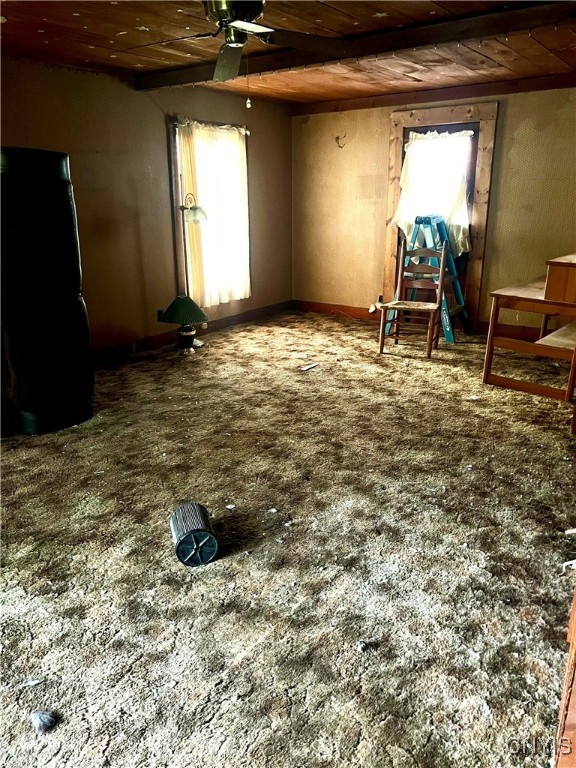 miscellaneous room featuring wood ceiling, ceiling fan, and carpet flooring