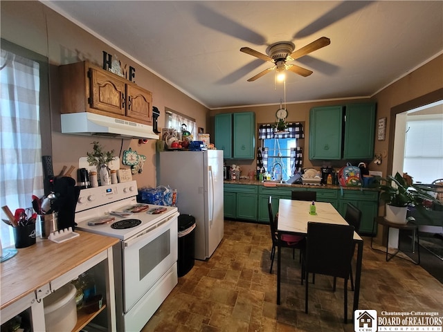 kitchen featuring white appliances, ceiling fan, plenty of natural light, and sink