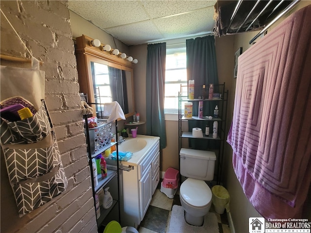 bathroom with a drop ceiling, vanity, and toilet