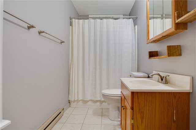 bathroom featuring toilet, vanity, tile patterned flooring, and a baseboard radiator