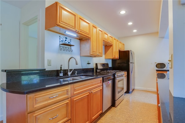 kitchen with dark stone countertops, sink, and stainless steel appliances