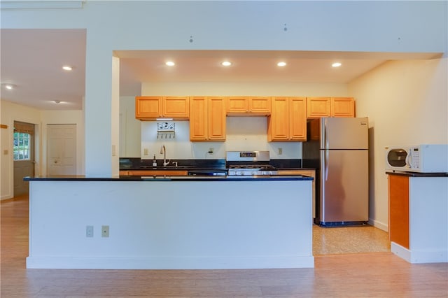 kitchen with light brown cabinets, appliances with stainless steel finishes, sink, and light hardwood / wood-style flooring