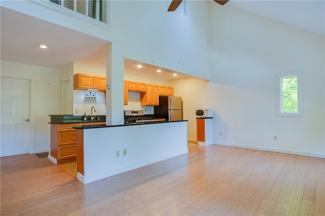 kitchen featuring stainless steel appliances, a high ceiling, light hardwood / wood-style floors, sink, and ceiling fan