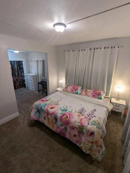 bedroom featuring dark carpet and a spacious closet