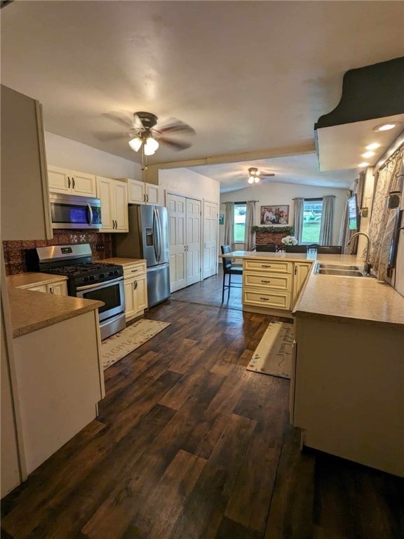 kitchen with ceiling fan, sink, kitchen peninsula, appliances with stainless steel finishes, and dark hardwood / wood-style floors