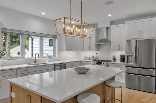 kitchen with sink, white cabinets, a kitchen island, wall chimney exhaust hood, and appliances with stainless steel finishes