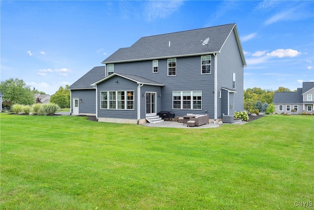 back of house featuring a patio area, an outdoor hangout area, a yard, and central air condition unit