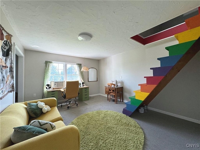 carpeted home office with a textured ceiling and cooling unit