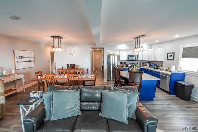 living room featuring hardwood / wood-style flooring and sink