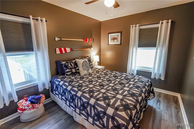 bedroom featuring ceiling fan, multiple windows, and dark wood-type flooring