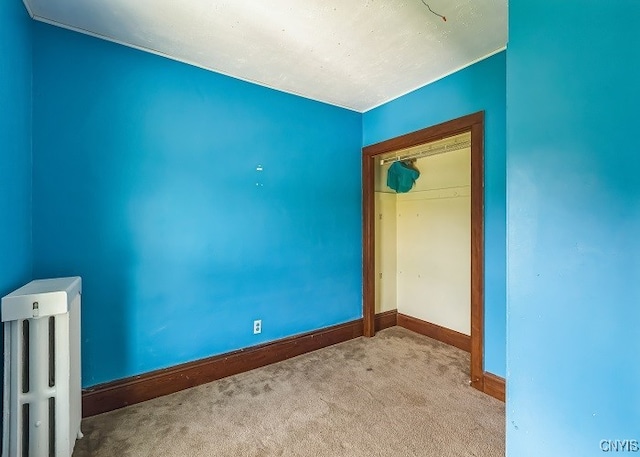 unfurnished bedroom with light colored carpet and a closet