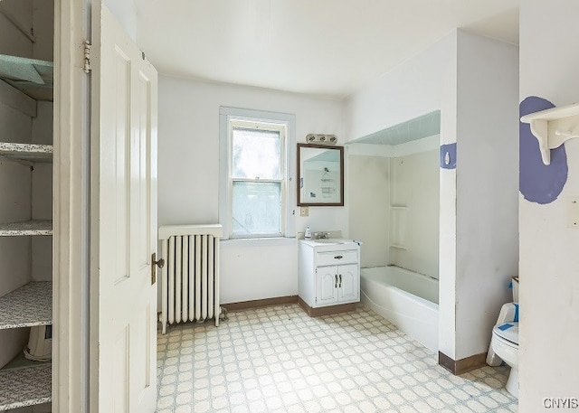 full bathroom featuring shower / washtub combination, radiator, toilet, and vanity