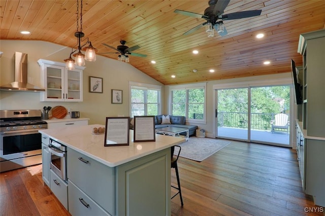 61 High St, Alexandria, NY 13607 - kitchen with wall chimney range hood, appliances with stainless steel finishes, a ceiling fan, wood ceiling, and lofted ceiling