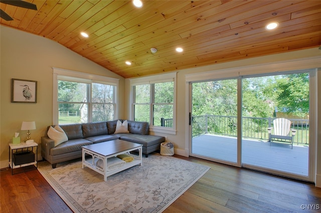 living room with lofted ceiling, ceiling fan, wooden ceiling, and hardwood / wood-style floors