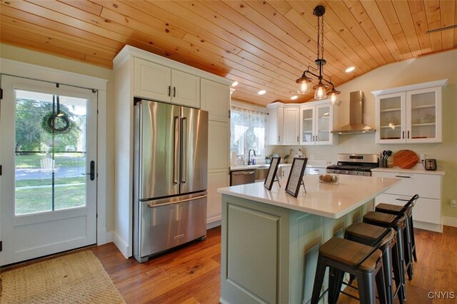 61 High St, Alexandria, NY 13607 - kitchen with stainless steel appliances, wall chimney range hood, wooden ceiling, white cabinetry, and healthy amount of natural light