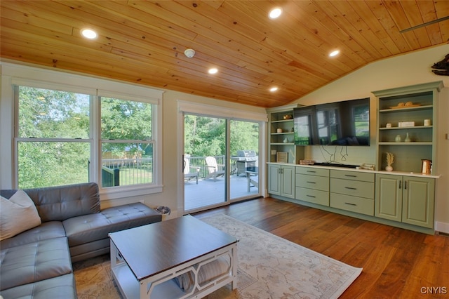 living room with light wood-type flooring, wood ceiling, lofted ceiling, and plenty of natural light