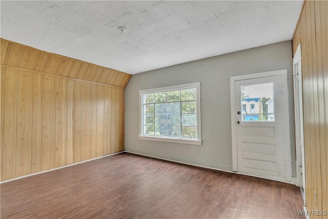 entrance foyer featuring wooden walls, lofted ceiling, dark wood-type flooring, and a healthy amount of sunlight