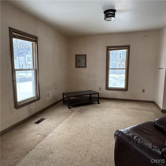 living area featuring carpet floors and electric panel