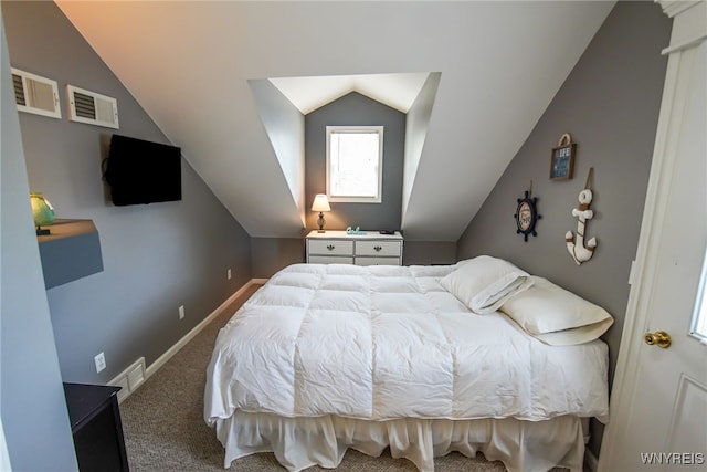 bedroom with carpet and lofted ceiling