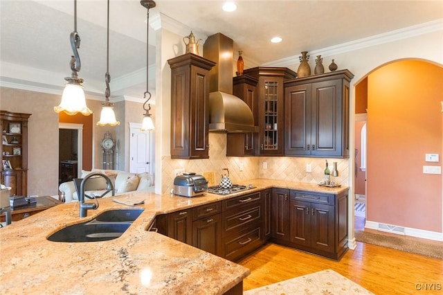 kitchen featuring sink, hanging light fixtures, dark brown cabinets, and light hardwood / wood-style floors