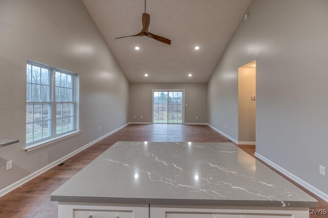 interior space with ceiling fan, hardwood / wood-style flooring, and high vaulted ceiling